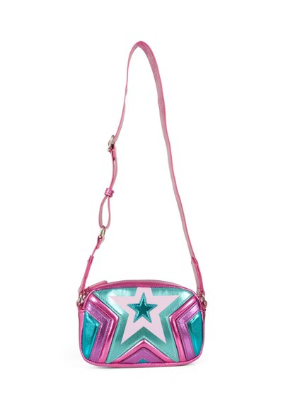 Borsa a tracolla metallica rosa e turchese con design a stella, superficie liscia e cinturino regolabile con chiusura metallica sicura.