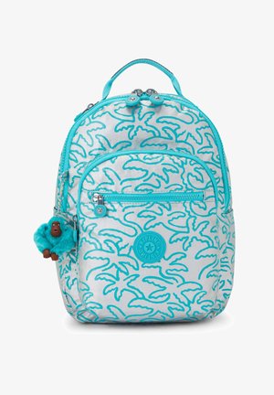 Lichtgewicht zilveren rugzak met turquoise bladdessin, een ritsvak aan de voorkant en een fluffy blauwe aap als sleutelhanger. Verstelbare schouderbanden.