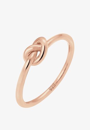 Rosen-guld ring med en glat, poleret ring, der har et centralt knude-design. Materialet er 925 sterling sølv med en blank finish.