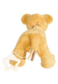 Plush yellow lion toy with soft fur, a detailed tail, and a star-shaped teether attached by a cord. Back view.