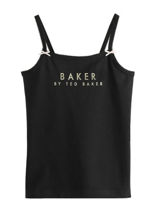 Sort cami-top lavet af bomuld med tynde stropper. Har bølget trim og guldskrift: "BAKER BY TED BAKER" på forsiden.