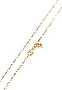 Collana in oro con chiusura a moschettone e dettaglio a targa circolare. Presenta maglie intrecciate, superficie liscia e forma uniforme.