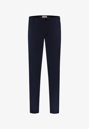 Donkerblauwe, slim-fit broek met knoop- en ritssluiting, riemlussen en een effen voorkant.