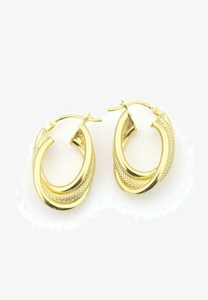 Złote kolczyki w kształcie kół z plecionym wzorem, teksturowane delikatnymi siateczkowymi wzorami oraz polerowane na gładko.