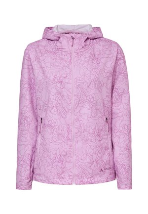 Lichtpaarse capuchonjas met abstract lijnpatroon, ritssluiting aan de voorkant, ritszakken aan de zijkant en Vaude-logo aan de onderkant van de voorkant.