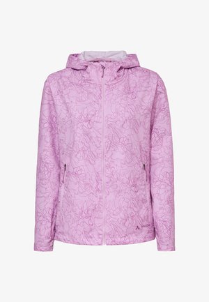 Lichtpaarse capuchonjas met abstract lijnpatroon, ritssluiting aan de voorkant, ritszakken aan de zijkant en Vaude-logo aan de onderkant van de voorkant.