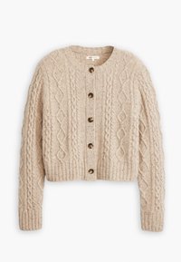 Beige pletený cardigan s texturem kabelového vzoru, kulatým výstřihem a pěti hnědými knoflíky vpředu. Hlavově strukturované manžety a lem.
