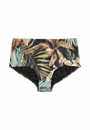 Figi bikini z wysokim stanem z tropikalnym nadrukiem liści i kwiatów w odcieniach zieleni, brązu, beżu oraz czarną podszewką.