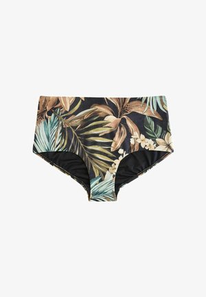 Figi bikini z wysokim stanem z tropikalnym nadrukiem liści i kwiatów w odcieniach zieleni, brązu, beżu oraz czarną podszewką.