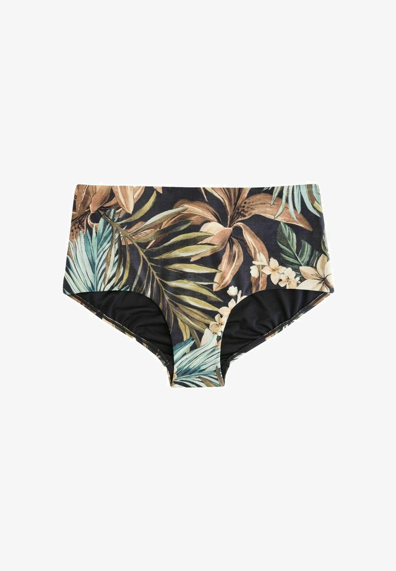 Magas derekú bikini alsó trópusi levél- és virágmintával, zöld, barna, bézs árnyalatokban, fekete béléssel.