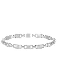 Bracelet argenté géométrique à maillons alternant des segments rectangulaires et en forme de pyramide polis.