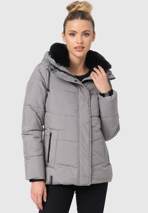 Gray puffer jacket with a faux fur collar, zippered front pockets, and quilted design. Hooded with a relaxed fit.