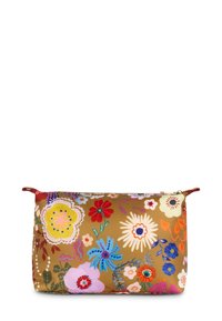 Bloemistische make-up tas in bruin met levendige multikleurige bloemen. Gladde, glanzende stof met een ritssluiting en een rode accent-handgreep.