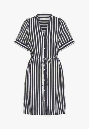 Jūras spēku un baltā svītraina krekla kleita ar īsām piedurknēm, izgriezumu apkakli, pogu aizdari un regulējamu jostu viduklim.