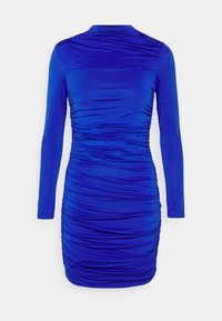 Modré šaty s dlouhým rukávem z elastické látky, s nařasenými detaily po celé délce a s přiléhavým střihem.