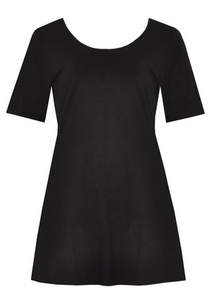 Schwarzes kurzärmliges Kleid mit Rundhalsausschnitt. Hergestellt aus weichem Stoff, zeichnet es sich durch eine ausgestellte Silhouette und eine glatte Textur aus.