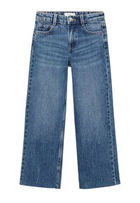 Modré denimové kalhoty širokého střihu s vysokým pasem, pěti kapsami a předním zapínáním na knoflík. Obsahují jemné žmolkování a mírné blednutí.