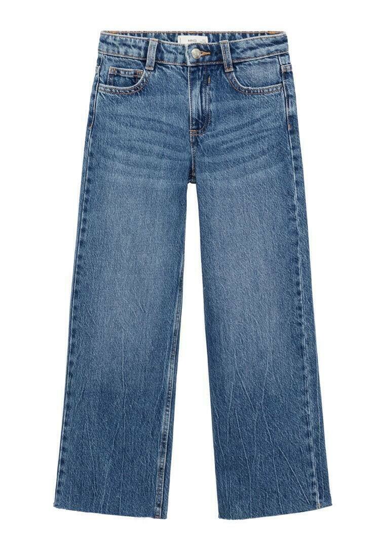 Modré denimové kalhoty širokého střihu s vysokým pasem, pěti kapsami a předním zapínáním na knoflík. Obsahují jemné žmolkování a mírné blednutí.