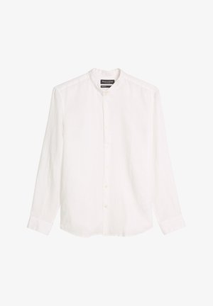 Weißes Hemd mit langen Ärmeln und Knopfleiste, Mandarinkragen, schlichtes Vorderteil und Marc O'Polo-Etikett innen im Kragen.