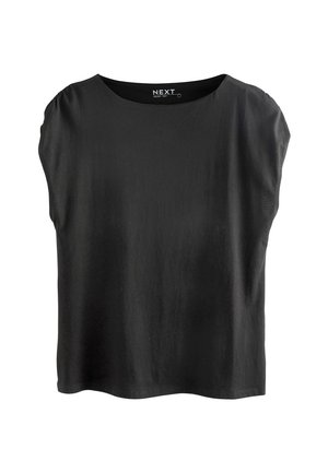 Černý krátký rukáv top vyrobený z hladké tkaniny s volným střihem, kulatým výstřihem a rovním lemem. Jednoduchý design bez ozdob.