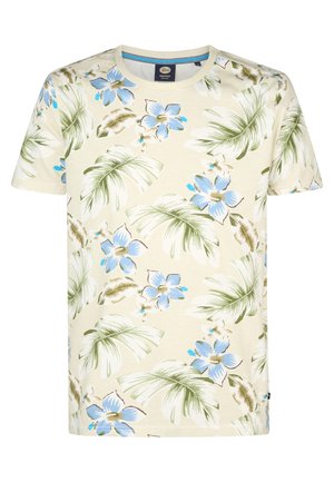 T-shirt a maniche corte in crema con motivo floreale blu e foglie verdi. Tessuto morbido e leggero con collo rotondo e vestibilità rilassata.