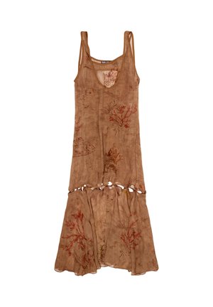 Sleeveless brown midi dress with floral prints, scoop neckline, and a gathered skirt with a small cutout detail at the waist.