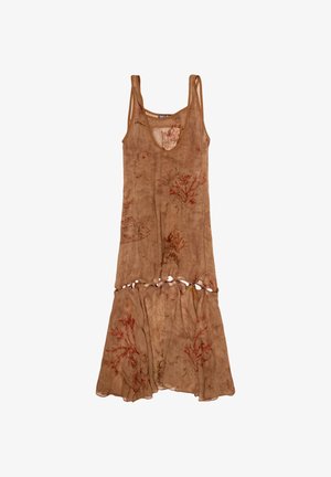Sleeveless brown midi dress with floral prints, scoop neckline, and a gathered skirt with a small cutout detail at the waist.