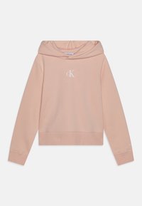 Light pink cropped hoodie made from soft fabric. Features a drawstring hood, ribbed cuffs, and a white logo on the chest.