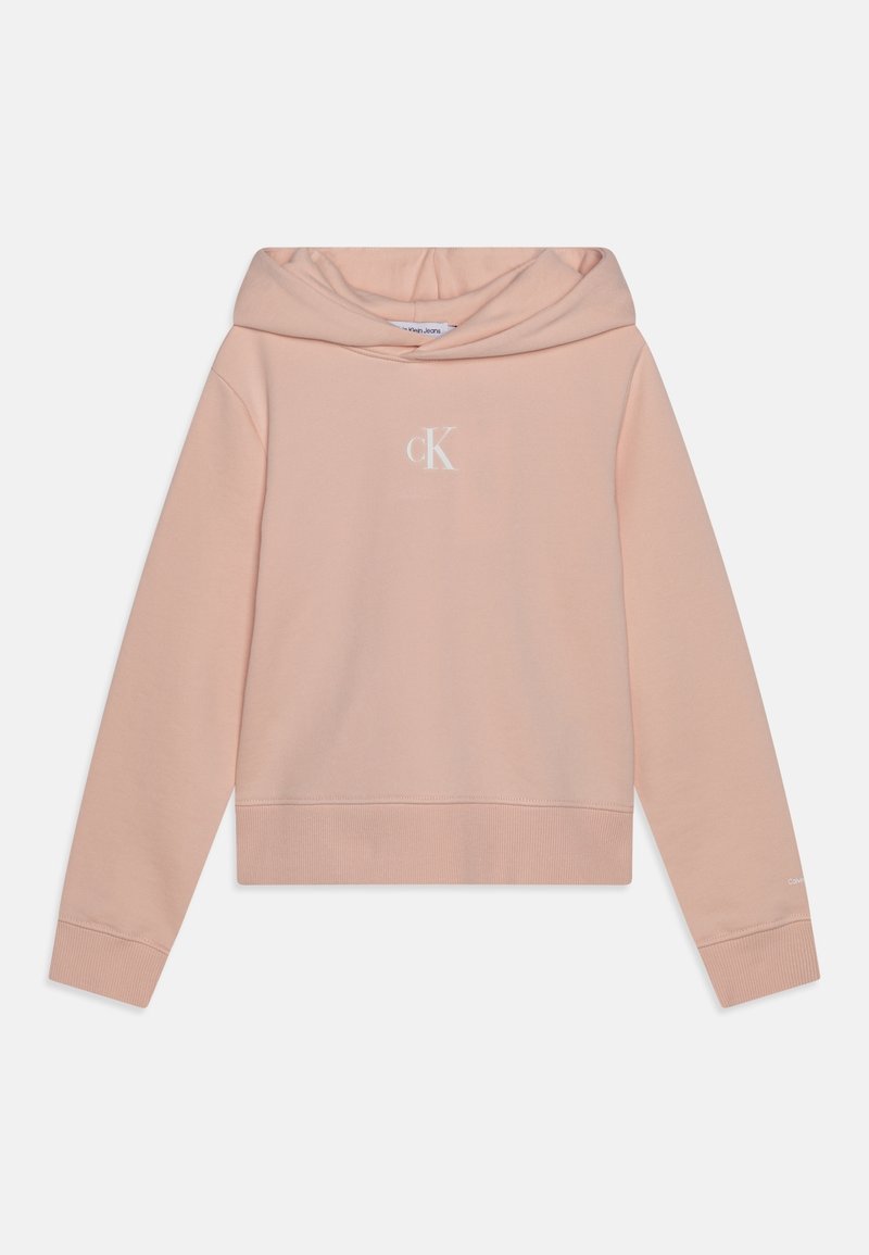 Hoodie court rose clair en tissu doux. Doté d'une capuche avec cordon de serrage, de poignets côtelés et d'un logo blanc sur la poitrine.