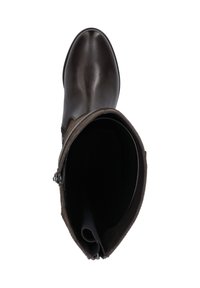 Braunes Lederkniebundstiefel mit glatter Oberfläche, runder Spitze und einem Reißverschluss an der Seite. Innenfutter aus schwarzem Material.