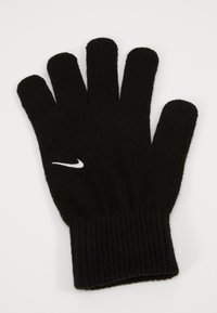 Musta kudum kindad pikendatud sõrmedega, ribakätis ja valge Nike logo randmel. Pehme tekstuur, mõeldud külma ilma jaoks.