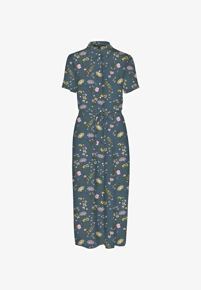 Abito midi a maniche corte con bottoni, in verde tenue con stampa floreale rosa, gialla e bianca e cintura annodata in vita.