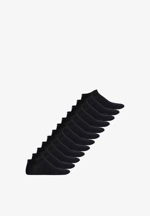 Calze nere alla caviglia disposte in fila, con una texture morbida e un polsino a costine. Le calze presentano una finitura liscia e un design senza cuciture.