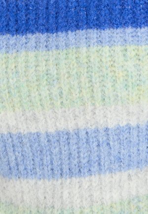 Tessuto a maglia con strisce alternate in tonalità di blu, verde e crema, con una texture morbida e leggermente pelosa.