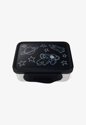 Schwarz-weiße Lunchbox mit weltraumthematischen Illustrationen eines Planeten, eines Astronauten, einer Rakete und Sternen. Verfügt über einen sicheren Deckel und einen ergonomischen Griff.