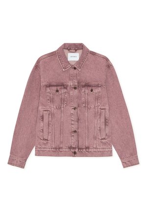 Ροζ τζιν μπουφάν με κλείσιμο με κουμπιά, δύο τσέπες στο στήθος, πλαϊνές τσέπες και μακριά μανίκια. Φθαρμένη υφή και ελαφρώς ξεθωριασμένο σχέδιο.