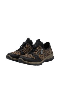 Chaussures en imprimé léopard avec accents noirs, cuir texturé, lacets élastiques et fermeture éclair latérale. Semelle en caoutchouc avec un bord tressé pour une meilleure adhérence.
