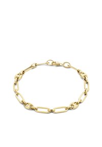 Le bracelet en chaîne doré est composé de maillons rectangulaires entrelacés, doté d'une fermeture à mousqueton et d'une finition lisse et polie.
