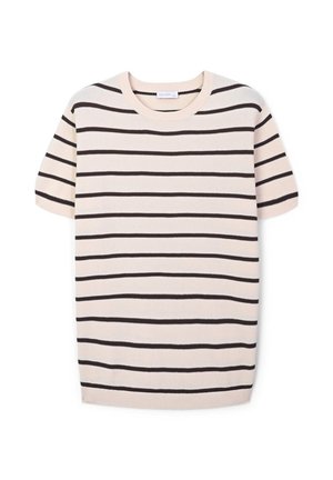 Top in maglia a maniche corte caratterizzato da una base crema con strisce orizzontali marrone scuro, scollo tondo e polsini e bordo a coste.
