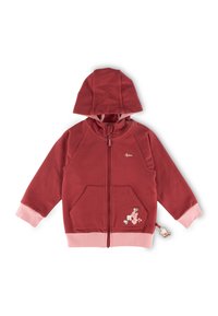 Rote Kapuzenjacke mit pinken Akzenten, Reißverschluss, zwei Fronttaschen und floralem Stickdesign auf der rechten Seite. Weicher Stofftextur.