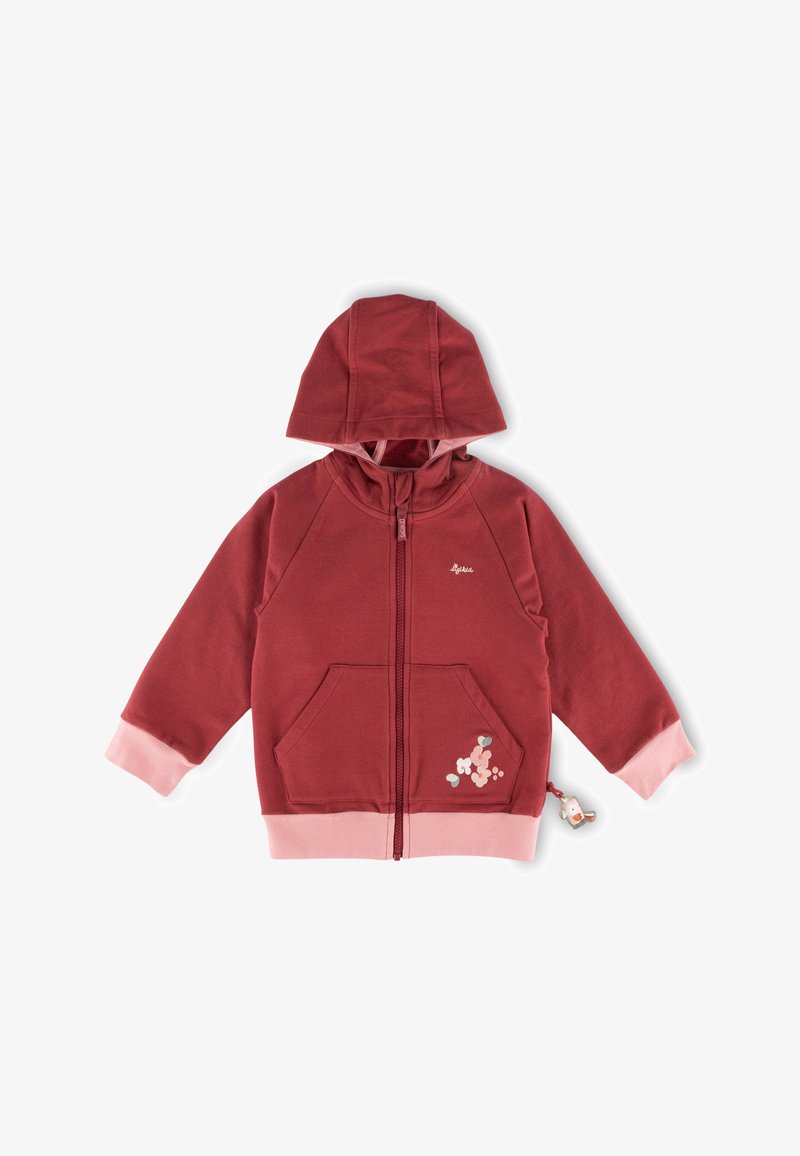 Rote Kapuzenjacke mit pinken Akzenten, Reißverschluss, zwei Fronttaschen und floralem Stickdesign auf der rechten Seite. Weicher Stofftextur.