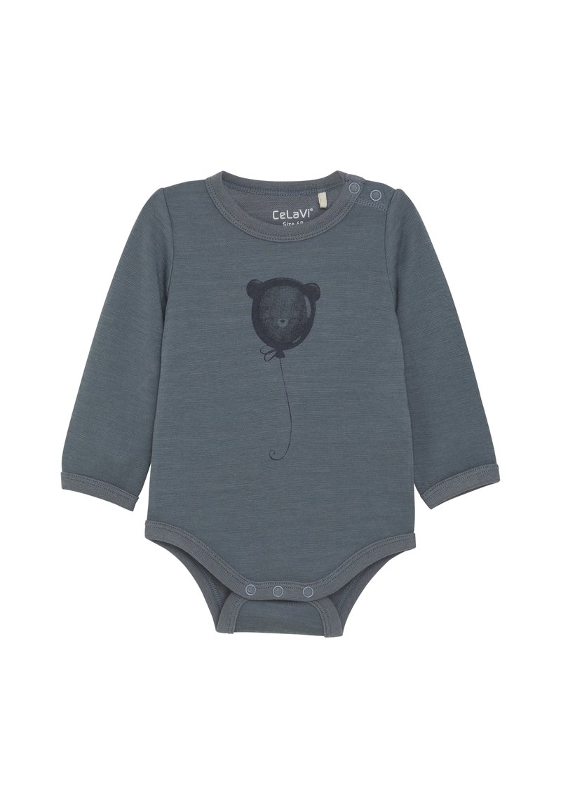 Grijze langemouwen bodysuit van zachte stof met een grafisch ontwerp van een berenballon, ronde halslijn en drukknoopsluiting bij de schouder en onderkant.