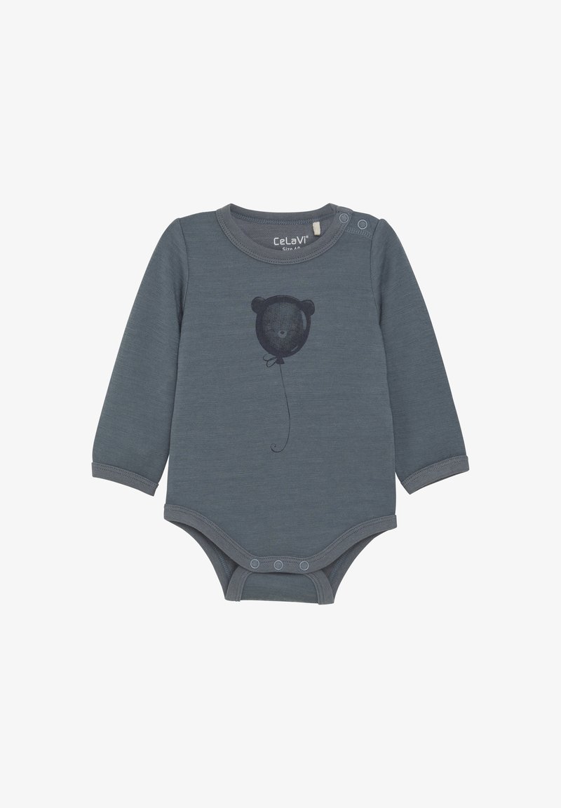 Grijze langemouwen bodysuit van zachte stof met een grafisch ontwerp van een berenballon, ronde halslijn en drukknoopsluiting bij de schouder en onderkant.