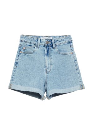 Lyseblå denimshorts med opsmøgede kanter, frontknap- og lynlåslukning, bæltestropper samt for- og baglommer.