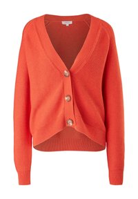 Ljus orange kofta i ribbad stickad kvalitet, med djup V-ringning, långa ärmar och fyra stora knappar framtill.