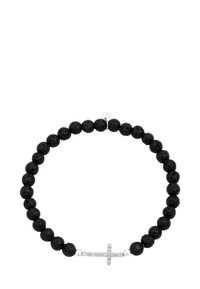 Svart lava bead armband med en silverkorsdekoration och dekorativa stenar. Rundade pärlor, matt yta och säkrad med ett lås.