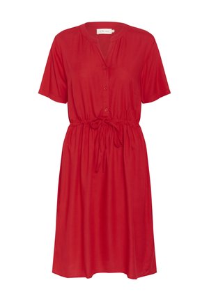 Punainen lyhythihainen mekko kevyestä kankaasta, jossa on napit edessä, solmittava vyötärö ja rento istuvuus, vasemmalla puolella tasku.
