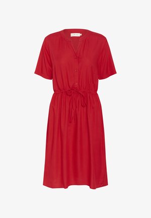 Punainen lyhythihainen mekko kevyestä kankaasta, jossa on napit edessä, solmittava vyötärö ja rento istuvuus, vasemmalla puolella tasku.