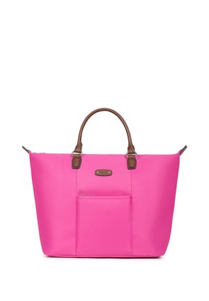 Sac fourre-tout rose avec poignées marron et poche avant zippée, présenté sur fond blanc.