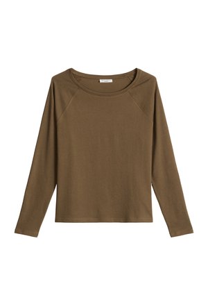 Chemise à manches longues couleur olive-brun avec col ras du cou et manches raglan, coutures simples, posée à plat sur un fond blanc.